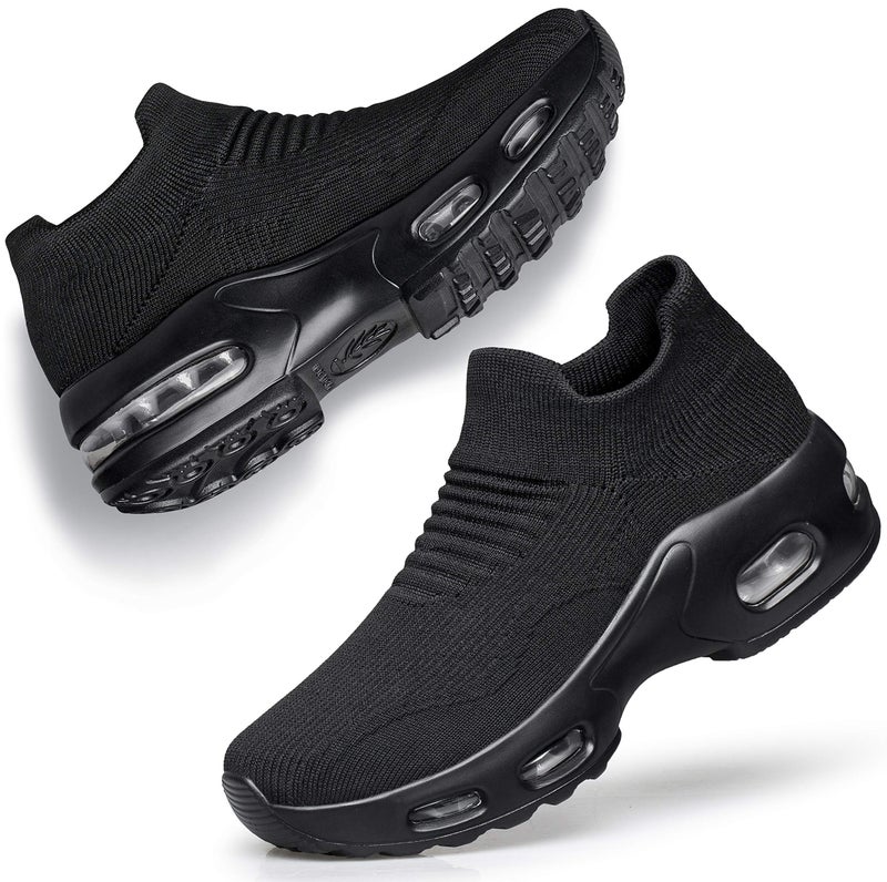 DOUSSPRT Womens Walking Sneakers Slip on Sock Shoes Mesh Air Cushion Platform Loafers Workout Tennis Casual 002 allblack US Size 5.5 - Image 1